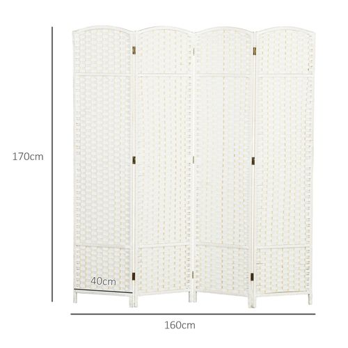 Paravent 4 Panneaux Pliable Blanc En Bois De Pin Avec Tissage élégant, Pour Salon Et Bureau
