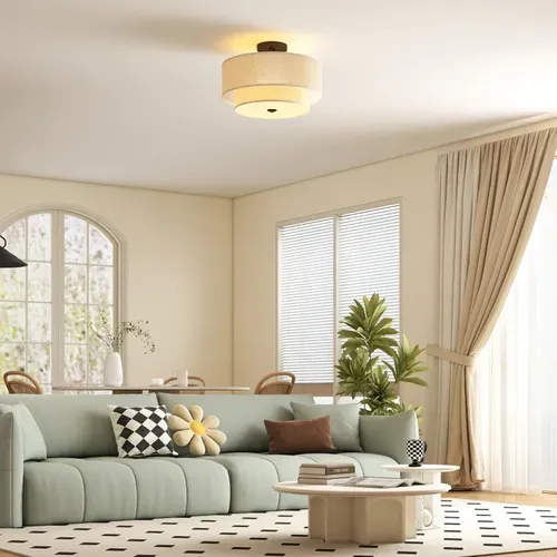 Suspension Moderne à Double Abat-jour En Lin Crème Avec Base Métallique Noire