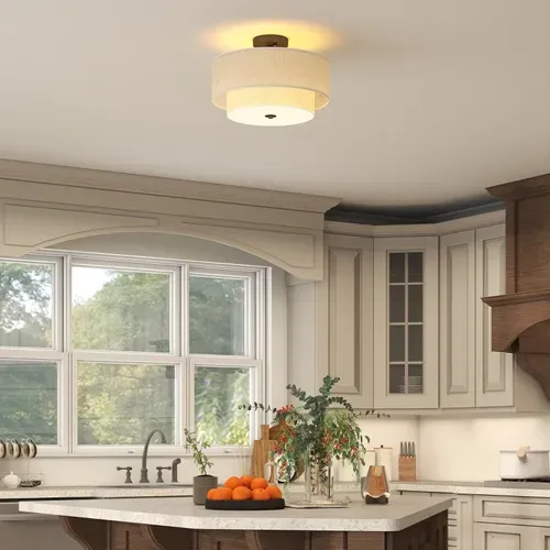 Suspension Moderne à Double Abat-jour En Lin Crème Avec Base Métallique Noire