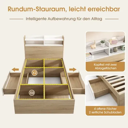 Lit Simple 90x190 Cm Blanc Et Chêne Avec étagères, 2 Tiroirs Et Rangement Intégré