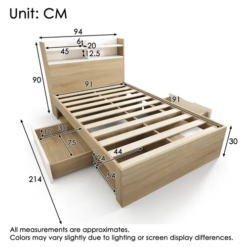 Lit Simple 90x190 Cm Blanc Et Chêne Avec étagères, 2 Tiroirs Et Rangement Intégré
