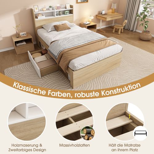 Lit Simple 90x190 Cm Blanc Et Chêne Avec étagères, 2 Tiroirs Et Rangement Intégré