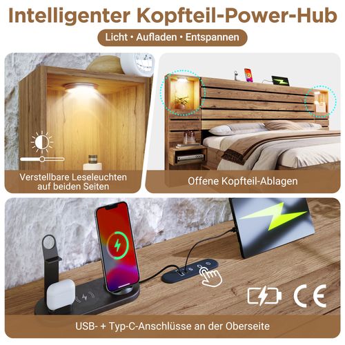 Lit Double 180x200 Cm Bois Avec LED, Niche Éclairée Et Tiroirs De Rangement