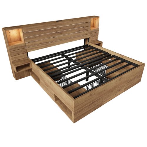 Lit Double 180x200 Cm Bois Avec LED, Niche Éclairée Et Tiroirs De Rangement