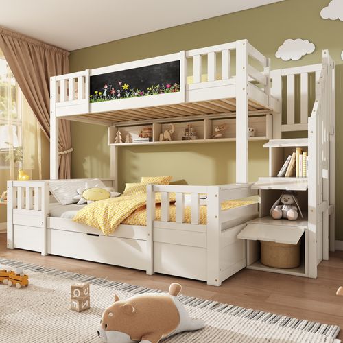 Lit Superposé 3 Enfants 90x200 Et 140x200 Bois Massif Avec Tableau Et Rangements Intégrés