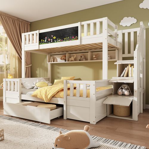 Lit Superposé 3 Enfants 90x200 Et 140x200 Bois Massif Avec Tableau Et Rangements Intégrés