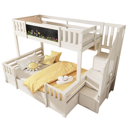 Lit Superposé 3 Enfants 90x200 Et 140x200 Bois Massif Avec Tableau Et Rangements Intégrés