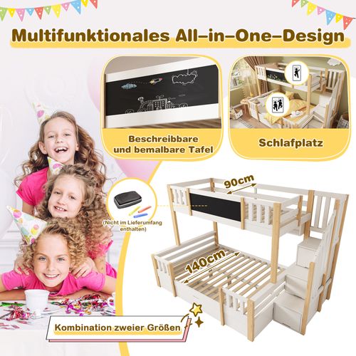 Lit Superposé 3 Enfants 90x200 Et 140x200 Bois Massif Avec Tableau Et Rangements Intégrés