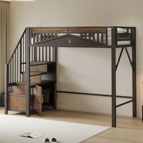 Lit Mezzanine 90x200 Cm En Métal Noir Avec Rangement Et Garde-corps Sécurisé Original