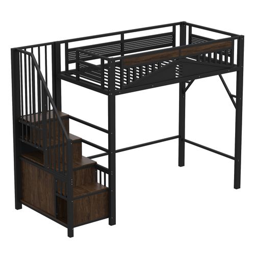 Lit Mezzanine 90x200 Cm En Métal Noir Avec Rangement Et Garde-corps Sécurisé Original