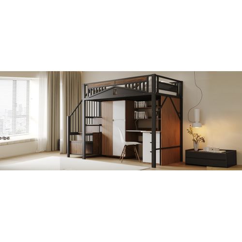 Lit Mezzanine 90x200 Cm En Métal Noir Avec Rangement Et Garde-corps Sécurisé Original