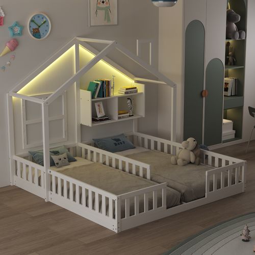 Lit Enfant Double 90x200 Cm En Bois, Maison Avec LED, Sécurité Et Rangements Intégrés