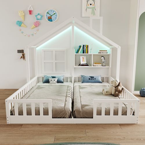 Lit Enfant Double 90x200 Cm En Bois, Maison Avec LED, Sécurité Et Rangements Intégrés