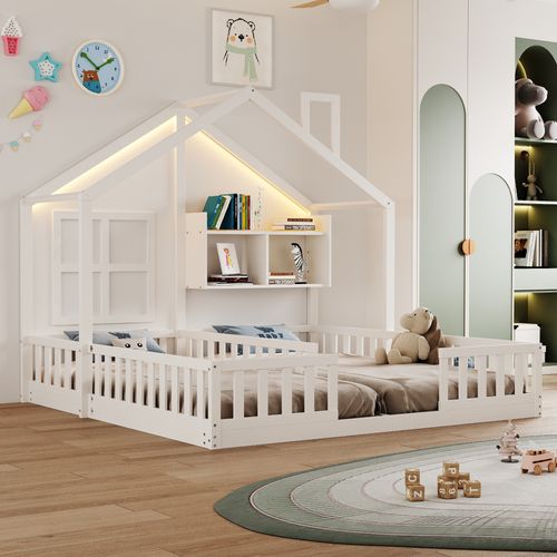 Lit Enfant Double 90x200 Cm En Bois, Maison Avec LED, Sécurité Et Rangements Intégrés