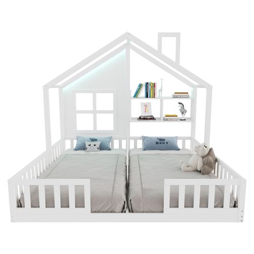 Lit Enfant Double 90x200 Cm En Bois, Maison Avec LED, Sécurité Et Rangements Intégrés