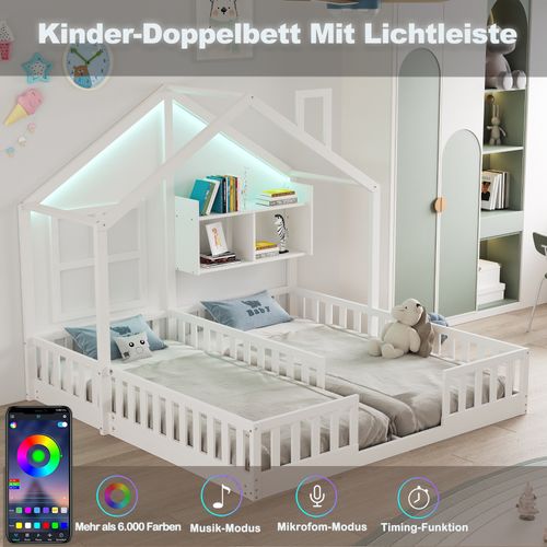 Lit Enfant Double 90x200 Cm En Bois, Maison Avec LED, Sécurité Et Rangements Intégrés