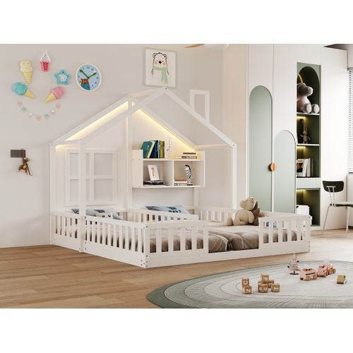 Lit Enfant Double 90x200 Cm En Bois, Maison Avec LED, Sécurité Et Rangements Intégrés