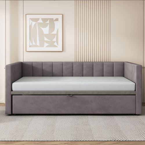 Lit Gigogne 90/180x200 Cm En Velours Gris, Multi-fonction Et Gain De Place