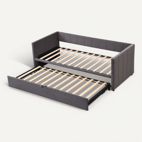 Lit Gigogne 90/180x200 Cm En Velours Gris, Multi-fonction Et Gain De Place