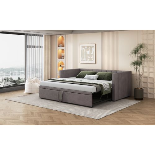 Lit Gigogne 90/180x200 Cm En Velours Gris, Multi-fonction Et Gain De Place