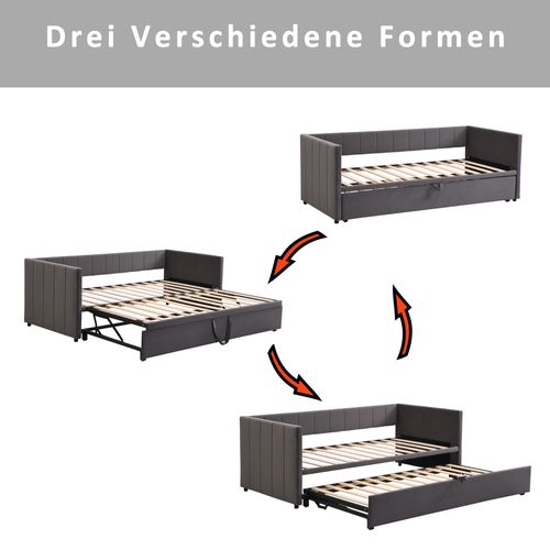 Lit Gigogne 90/180x200 Cm En Velours Gris, Multi-fonction Et Gain De Place