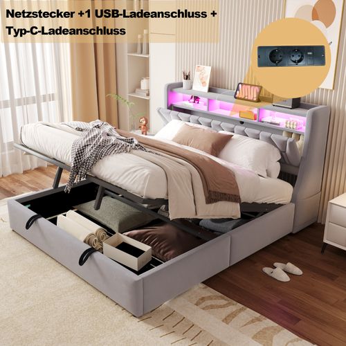 Lit 180x200 Cm Avec Rangement Hydraulique, Tête Relevable Multifonction, LED Et Velours Gris Clair