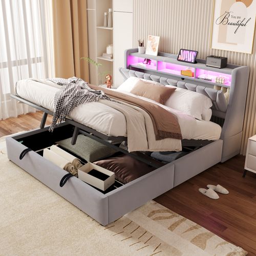 Lit 180x200 Cm Avec Rangement Hydraulique, Tête Relevable Multifonction, LED Et Velours Gris Clair