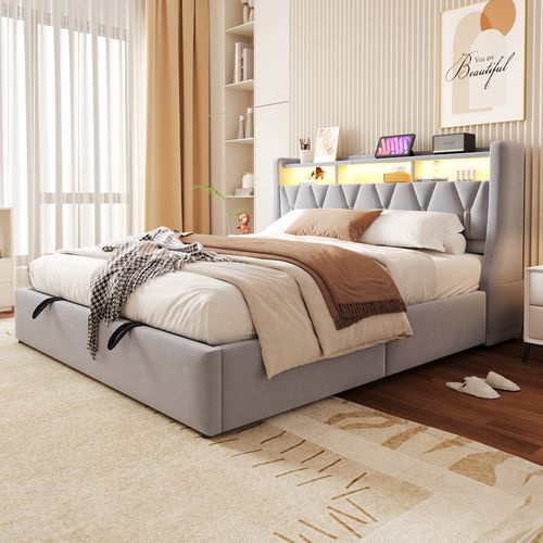 Lit 180x200 Cm Avec Rangement Hydraulique, Tête Relevable Multifonction, LED Et Velours Gris Clair