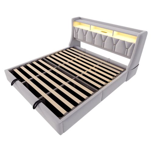 Lit 180x200 Cm Avec Rangement Hydraulique, Tête Relevable Multifonction, LED Et Velours Gris Clair