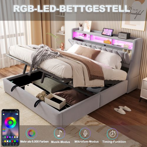 Lit 180x200 Cm Avec Rangement Hydraulique, Tête Relevable Multifonction, LED Et Velours Gris Clair