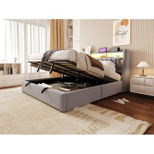 Lit 180x200 Cm Avec Rangement Hydraulique, Tête Relevable Multifonction, LED Et Velours Gris Clair