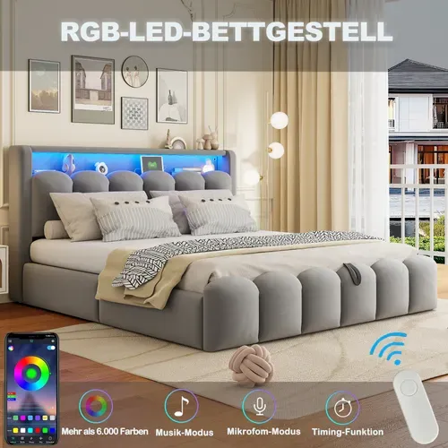 Lit Double 180x200 Cm En Velours Gris Avec LED, USB Et Coffre Hydraulique