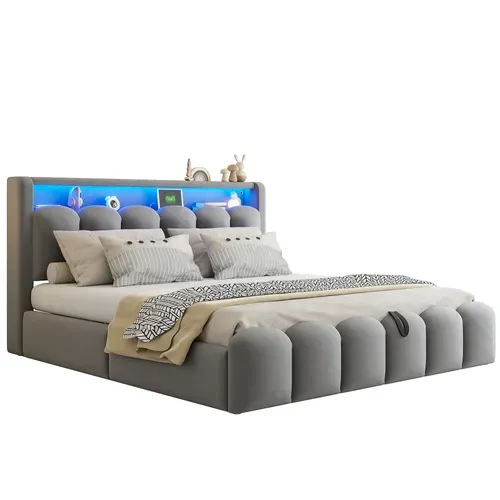 Lit Double 180x200 Cm En Velours Gris Avec LED, USB Et Coffre Hydraulique