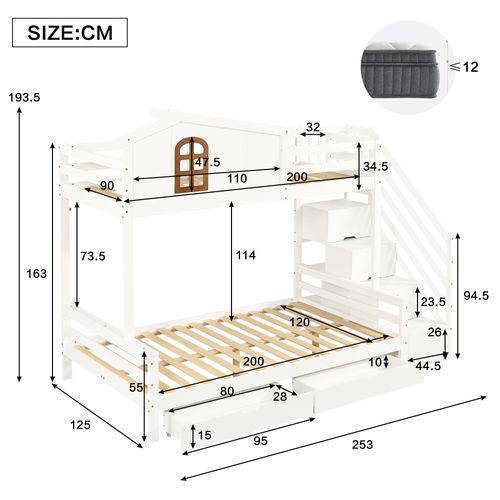 Lit Superposé Enfant 90x200 Et 120x200 Cm Avec Tiroirs, Fenêtres Et Armoire D’angle