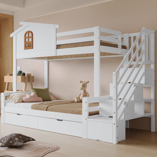 Lit Superposé Enfant 90x200 Et 120x200 Cm Avec Tiroirs, Fenêtres Et Armoire D’angle