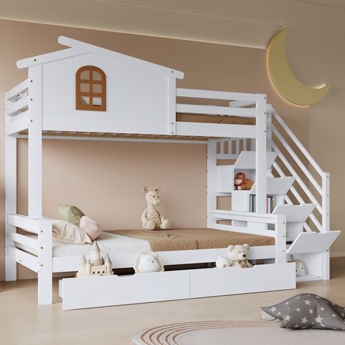 Lit Superposé Enfant 90x200 Et 120x200 Cm Avec Tiroirs, Fenêtres Et Armoire D’angle