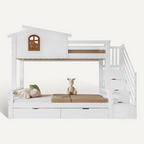 Lit Superposé Enfant 90x200 Et 120x200 Cm Avec Tiroirs, Fenêtres Et Armoire D’angle
