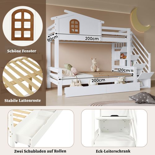 Lit Superposé Enfant 90x200 Et 120x200 Cm Avec Tiroirs, Fenêtres Et Armoire D’angle