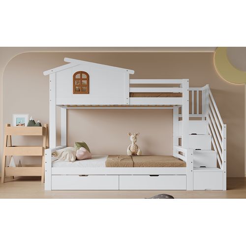 Lit Superposé Enfant 90x200 Et 120x200 Cm Avec Tiroirs, Fenêtres Et Armoire D’angle