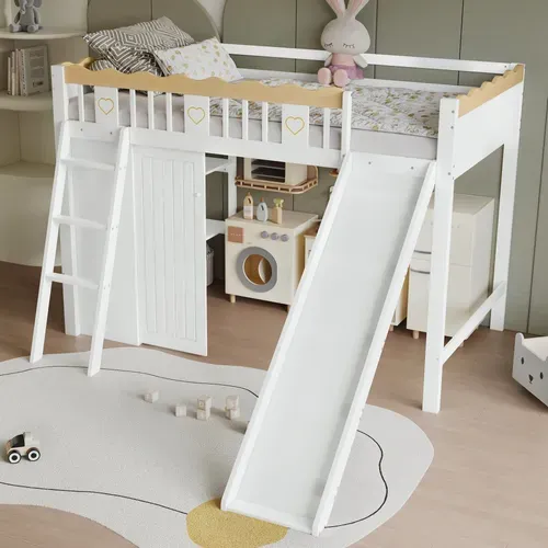 Lit Mezzanine Enfant Avec Toboggan, Rangements Et Garde-corps Décoratif 90x200cm