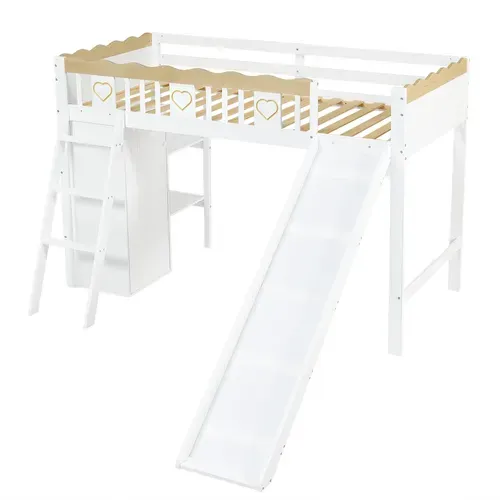 Lit Mezzanine Enfant Avec Toboggan, Rangements Et Garde-corps Décoratif 90x200cm