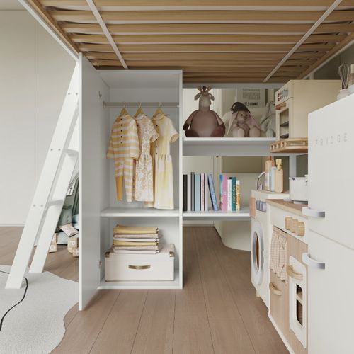 Lit Mezzanine Enfant Avec Toboggan, Rangements Et Garde-corps Décoratif 90x200cm