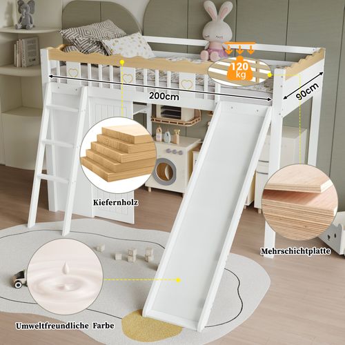 Lit Mezzanine Enfant Avec Toboggan, Rangements Et Garde-corps Décoratif 90x200cm