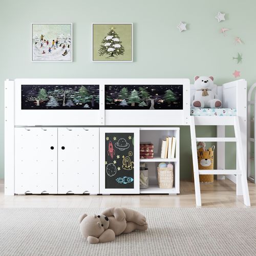 Lit Mi-haut Enfant Avec Armoires Et Tableau à Craie 90x200cm