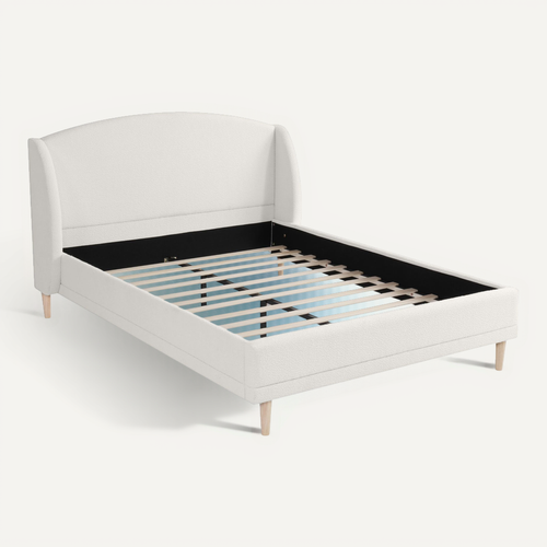 Lit Capitonné 140x190 Cm En Tissu Bouclé Blanc Ivoire, Tête à Oreilles Et Sommier Solide