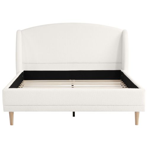 Lit Capitonné 140x190 Cm En Tissu Bouclé Blanc Ivoire, Tête à Oreilles Et Sommier Solide