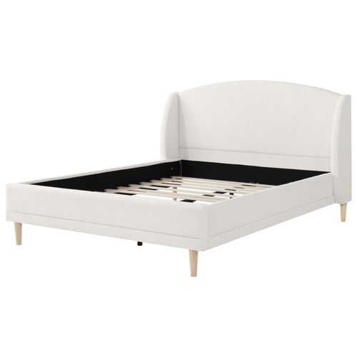 Lit Capitonné 140x190 Cm En Tissu Bouclé Blanc Ivoire, Tête à Oreilles Et Sommier Solide
