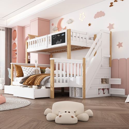 Lit Superposé Enfant 90x200+140x200 Blanc Et Chêne Clair Avec Tableau Et Tiroirs