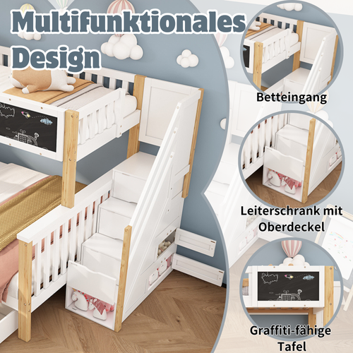 Lit Superposé Enfant 90x200+140x200 Blanc Et Chêne Clair Avec Tableau Et Tiroirs