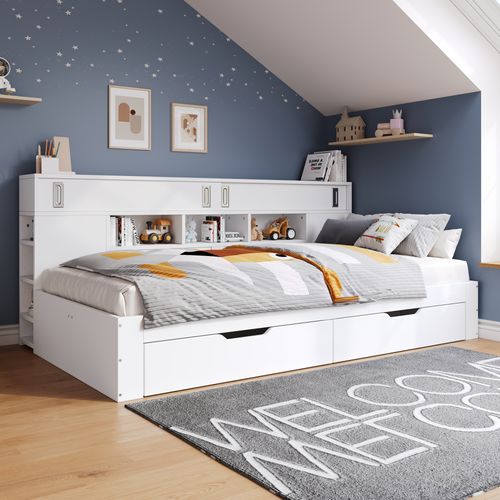 Lit Enfant 90x190 Cm Blanc Multifonction Avec Tiroirs, étagères Et Armoire De Rangement